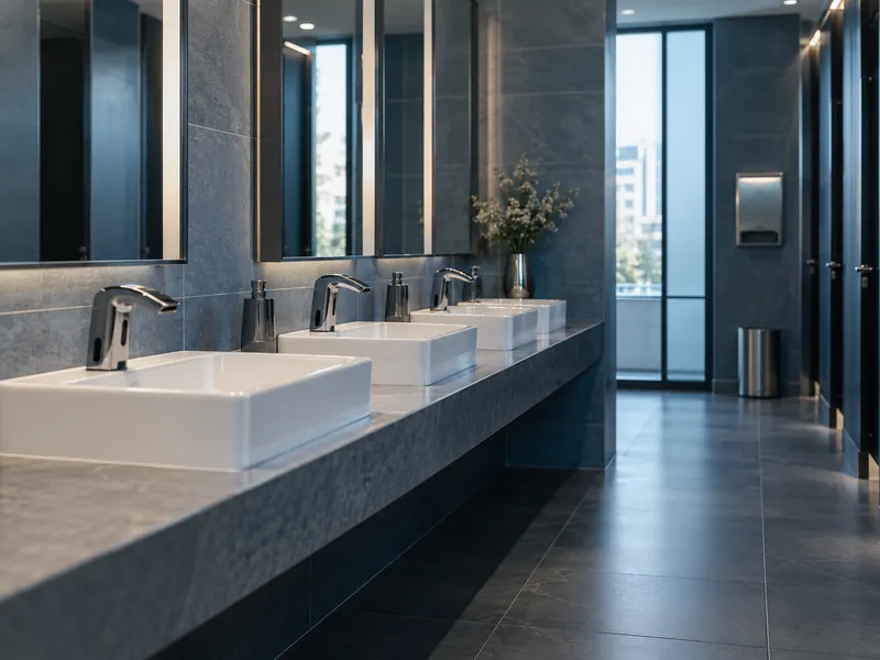 Rangée de lavabos équipés de robinets à détection dans des sanitaires de bureaux