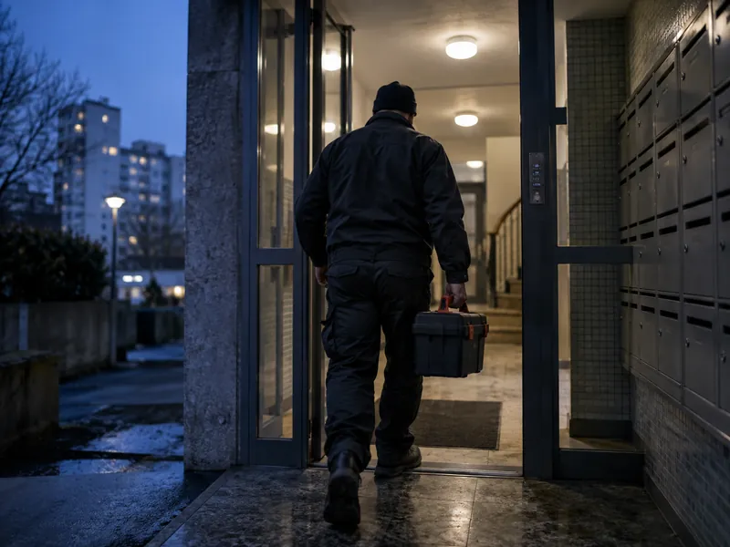 Plombier vu de dos entrant dans un immeuble avec sa caisse à outils