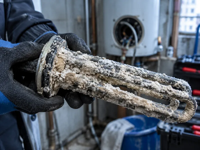 Résistance de chauffe-eau couverte de calcaire, tenue dans des mains gantées