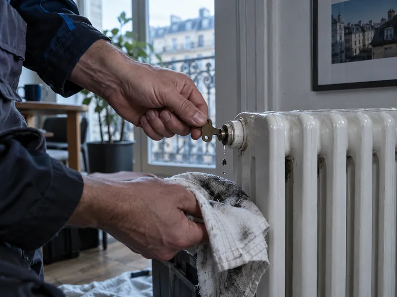 Purge d’un radiateur avec une clé, un chiffon recueillant quelques gouttes d’eau sombre