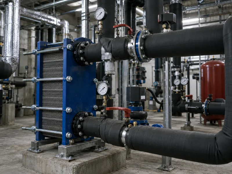 Sous-station de chauffage dans une cave d’immeuble, échangeur et manomètres