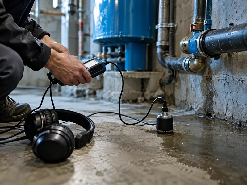 Mains réglant un détecteur acoustique posé sur le sol d’une cave