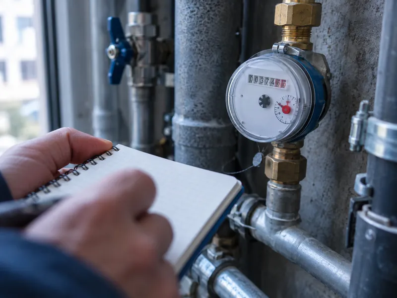 Compteur d’eau au cadran en mouvement, main tenant un carnet de relevés